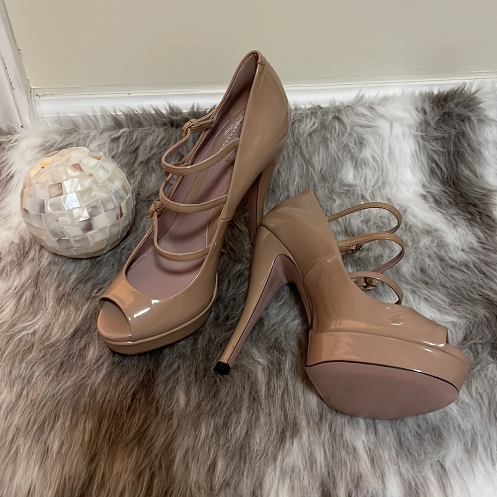 NWOB Gucci Vernice Crystal DK Cipria Peep Toe Platform Pumps Heels S 39